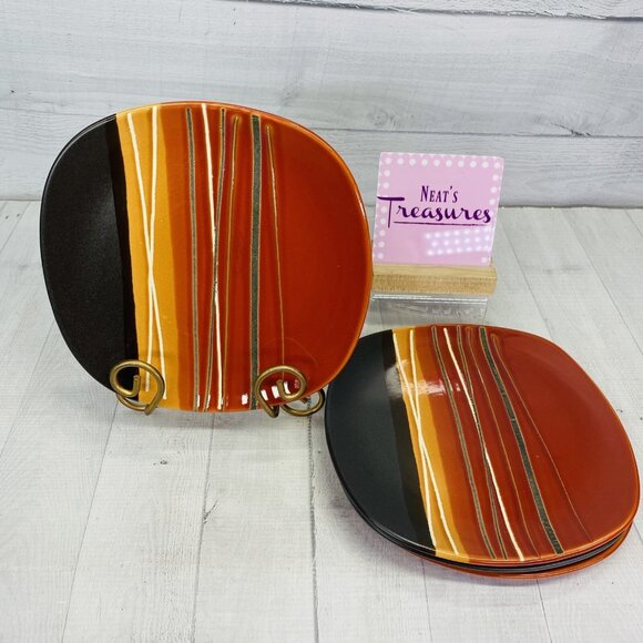 Home Trends BAZAAR RED Stoneware Square Textured Stripe Lunch Salad Plates Set 4 - Picture 1 of 16